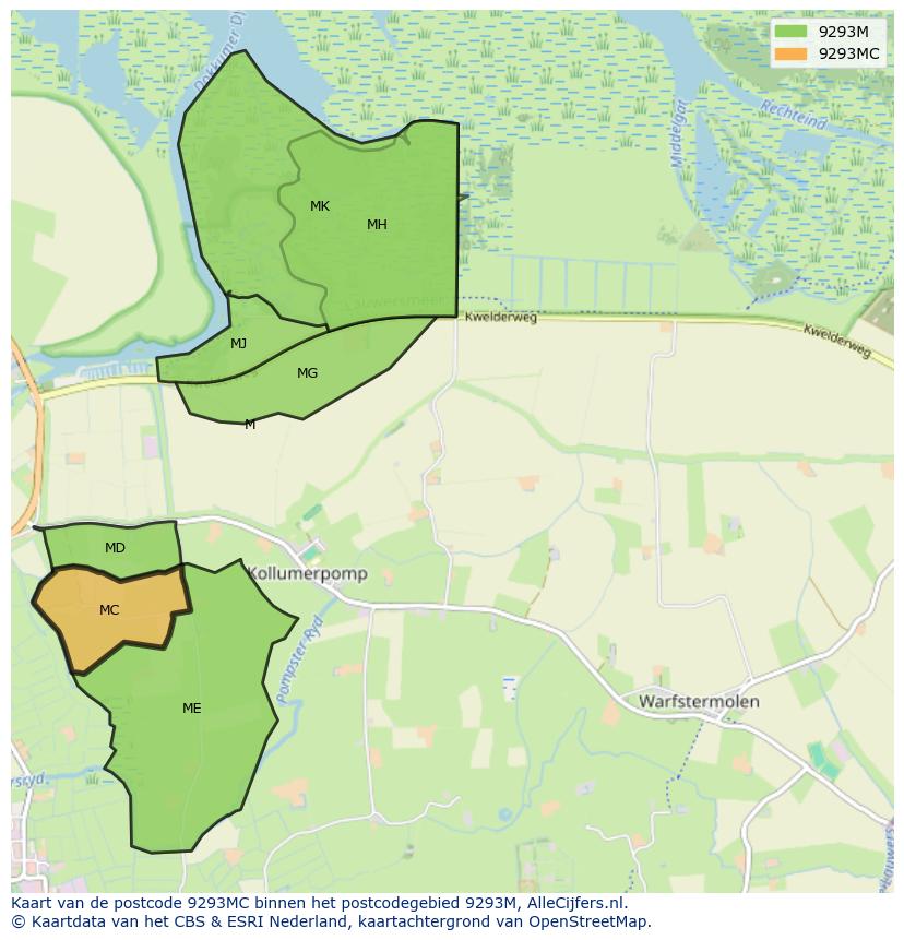 Afbeelding van het postcodegebied 9293 MC op de kaart.