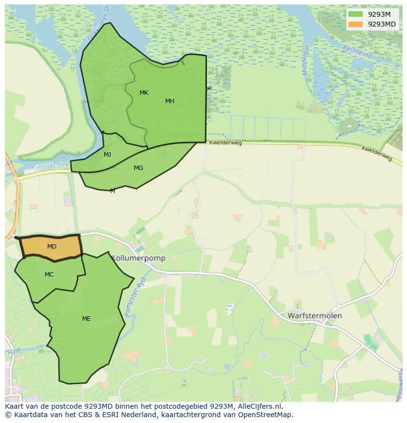 Afbeelding van het postcodegebied 9293 MD op de kaart.