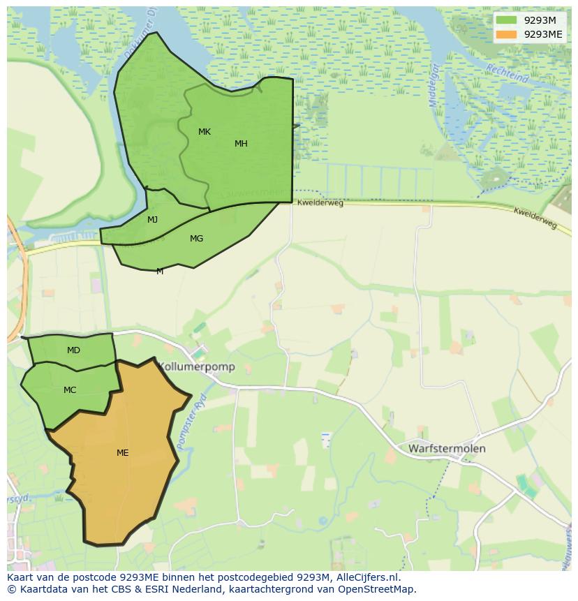 Afbeelding van het postcodegebied 9293 ME op de kaart.