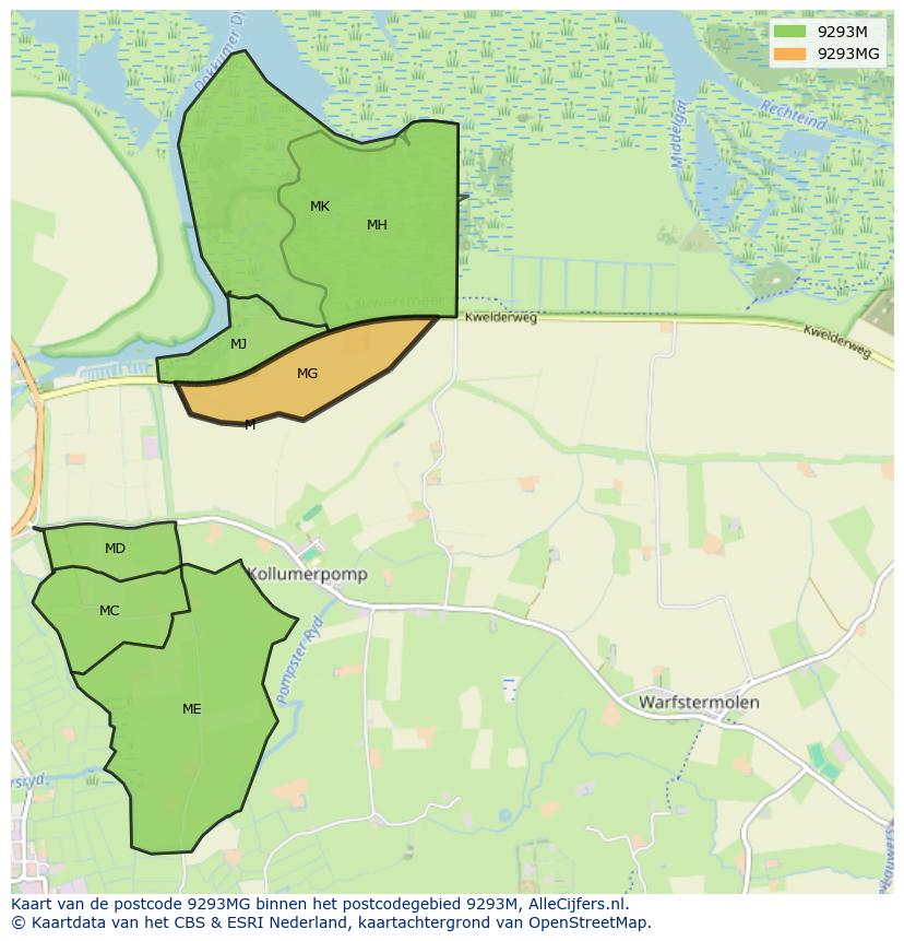 Afbeelding van het postcodegebied 9293 MG op de kaart.