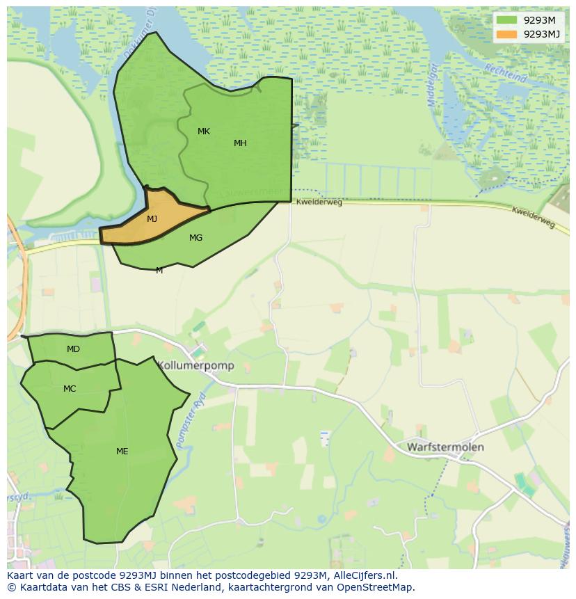 Afbeelding van het postcodegebied 9293 MJ op de kaart.