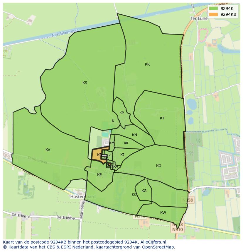 Afbeelding van het postcodegebied 9294 KB op de kaart.