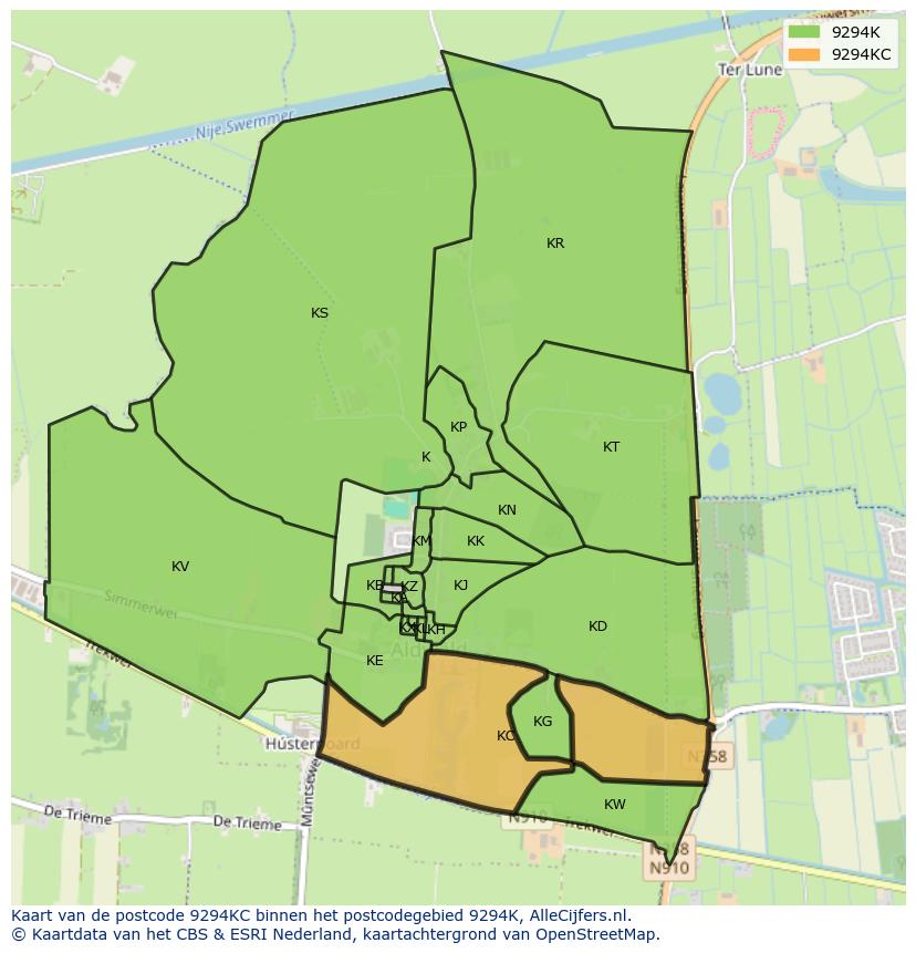Afbeelding van het postcodegebied 9294 KC op de kaart.
