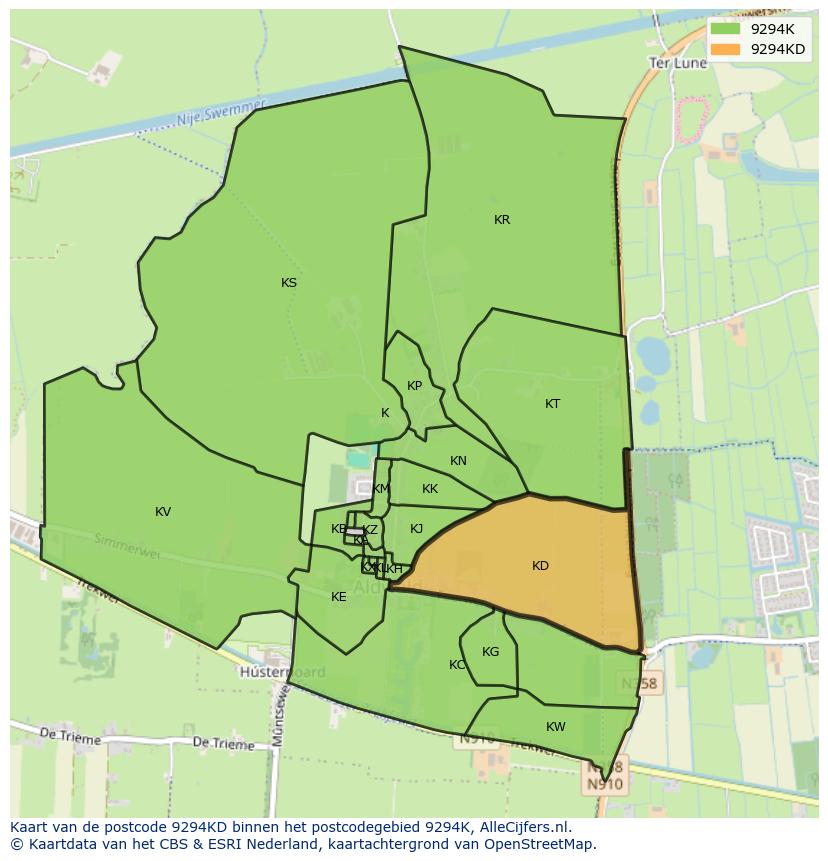 Afbeelding van het postcodegebied 9294 KD op de kaart.