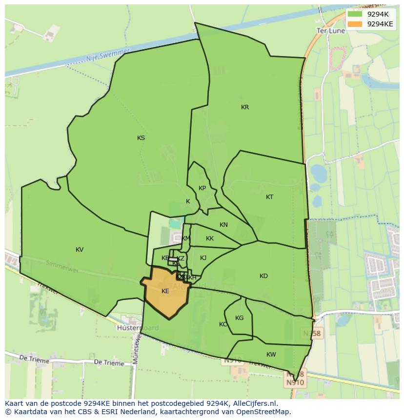 Afbeelding van het postcodegebied 9294 KE op de kaart.