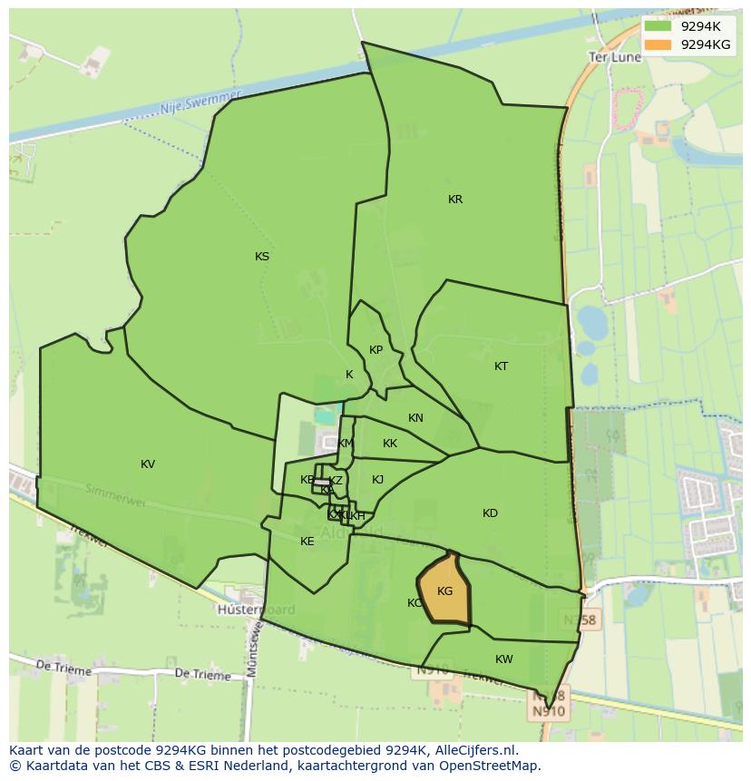 Afbeelding van het postcodegebied 9294 KG op de kaart.