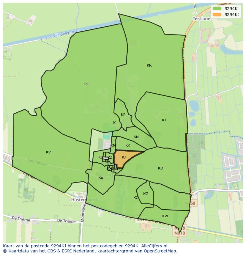 Afbeelding van het postcodegebied 9294 KJ op de kaart.