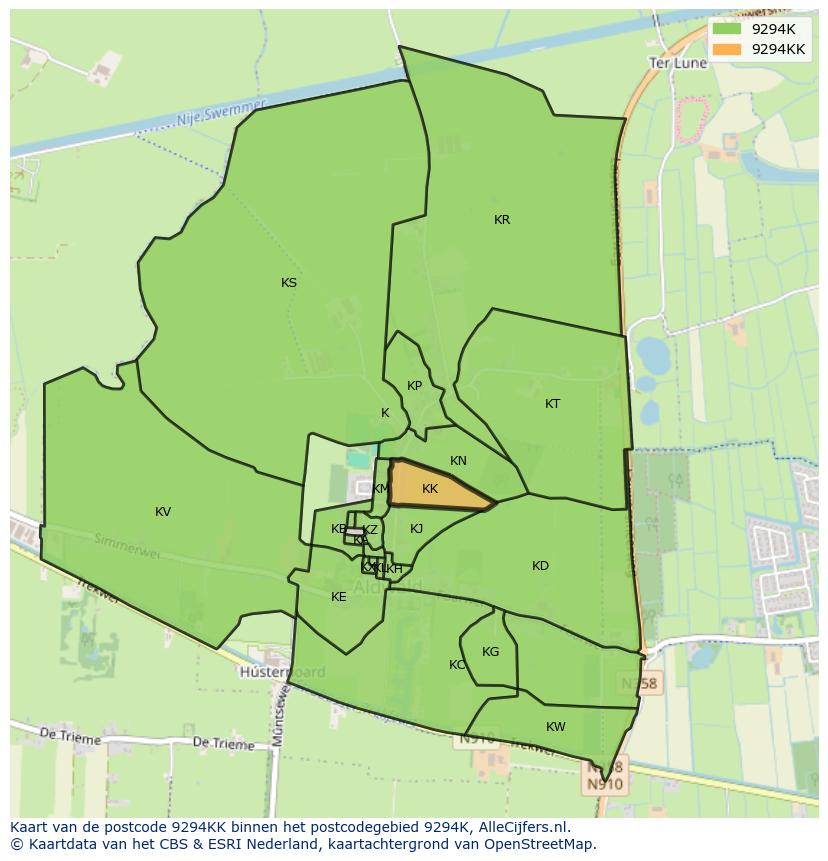 Afbeelding van het postcodegebied 9294 KK op de kaart.