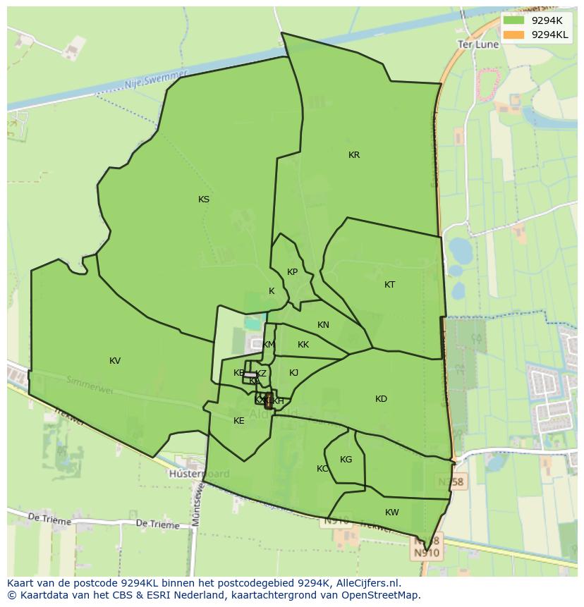 Afbeelding van het postcodegebied 9294 KL op de kaart.