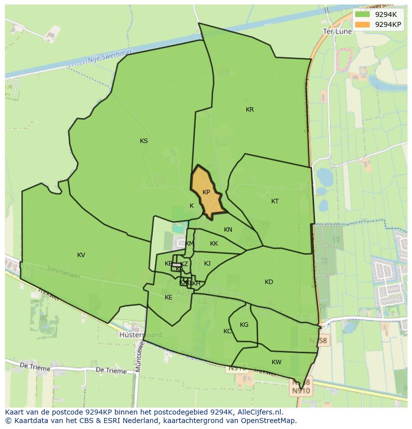 Afbeelding van het postcodegebied 9294 KP op de kaart.