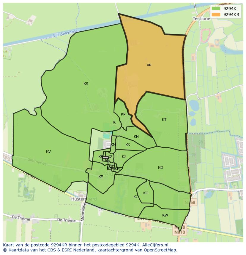 Afbeelding van het postcodegebied 9294 KR op de kaart.
