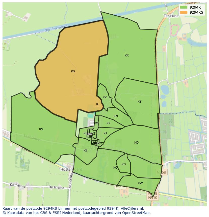 Afbeelding van het postcodegebied 9294 KS op de kaart.