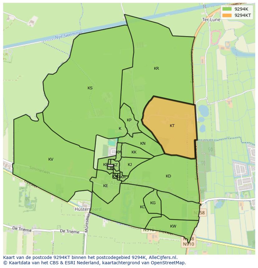 Afbeelding van het postcodegebied 9294 KT op de kaart.