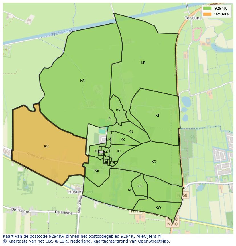 Afbeelding van het postcodegebied 9294 KV op de kaart.