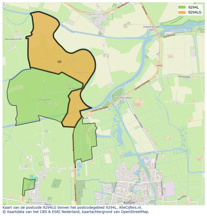 Afbeelding van het postcodegebied 9294 LG op de kaart.