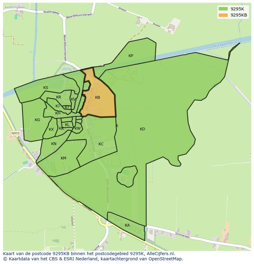 Afbeelding van het postcodegebied 9295 KB op de kaart.