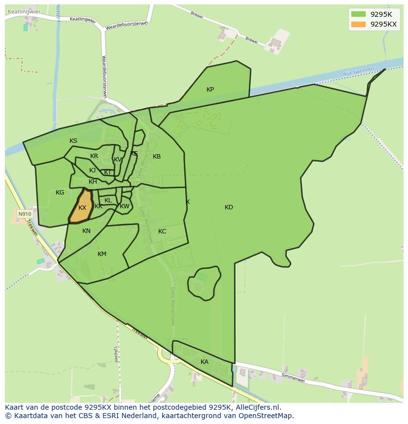 Afbeelding van het postcodegebied 9295 KX op de kaart.