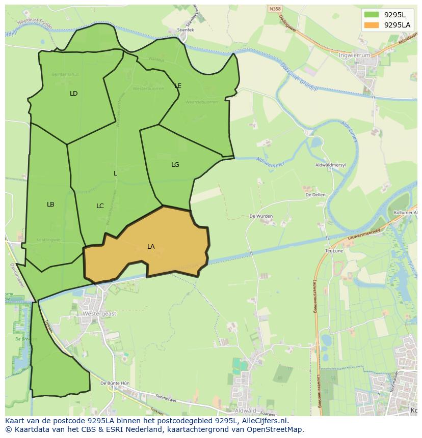 Afbeelding van het postcodegebied 9295 LA op de kaart.