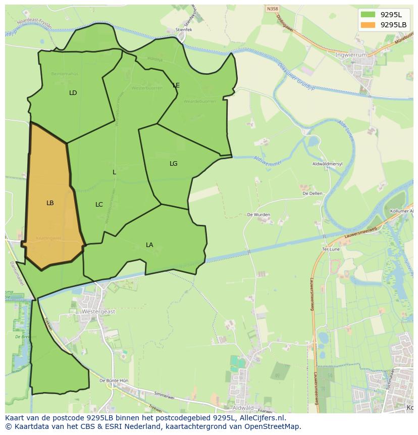 Afbeelding van het postcodegebied 9295 LB op de kaart.