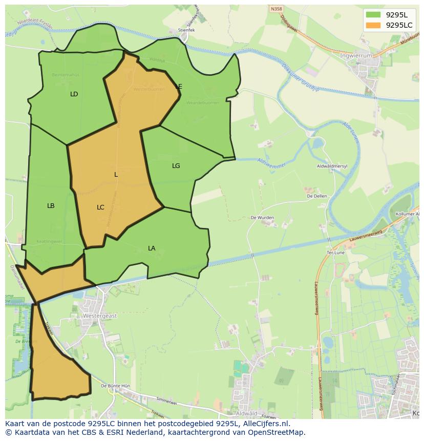 Afbeelding van het postcodegebied 9295 LC op de kaart.