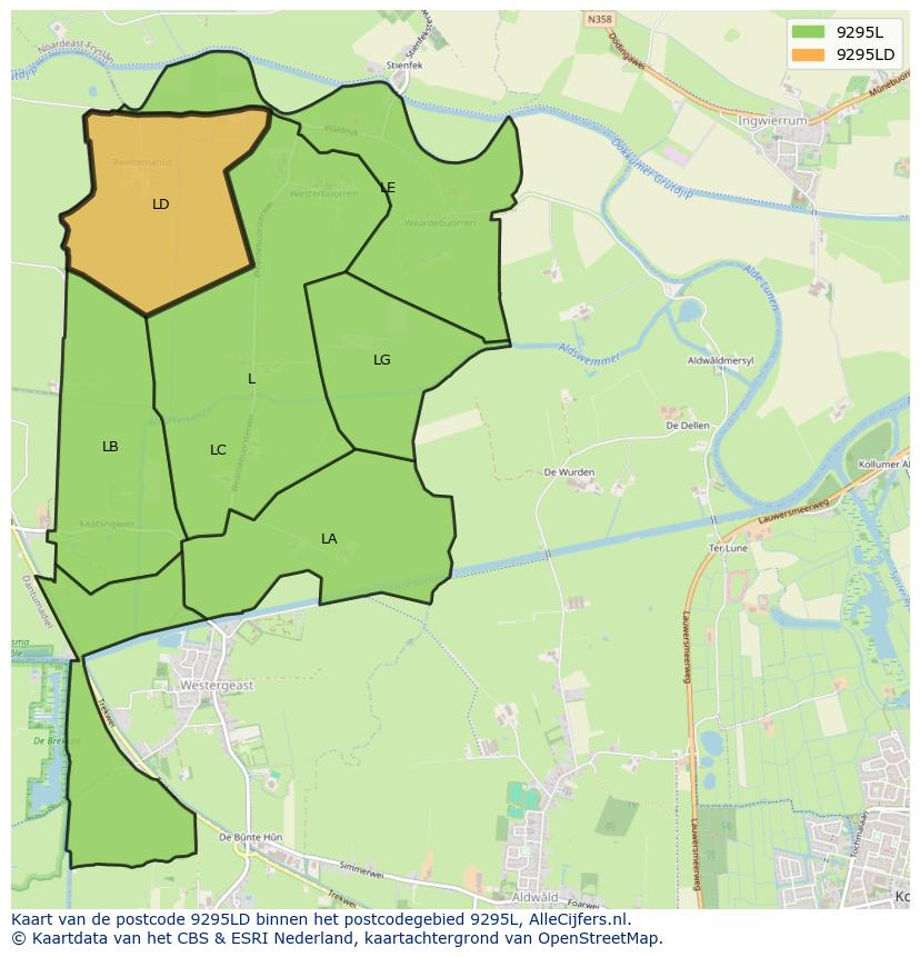 Afbeelding van het postcodegebied 9295 LD op de kaart.