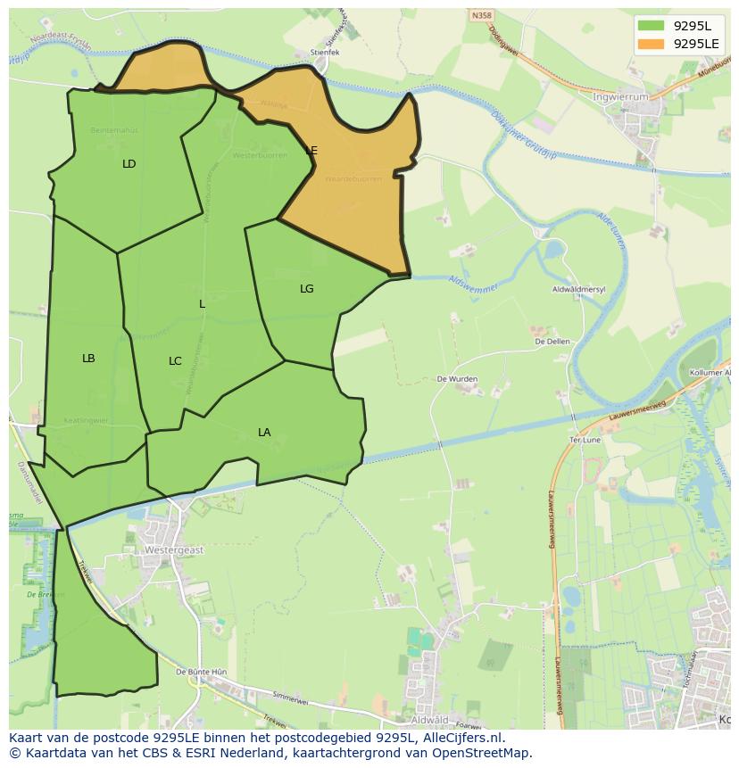 Afbeelding van het postcodegebied 9295 LE op de kaart.