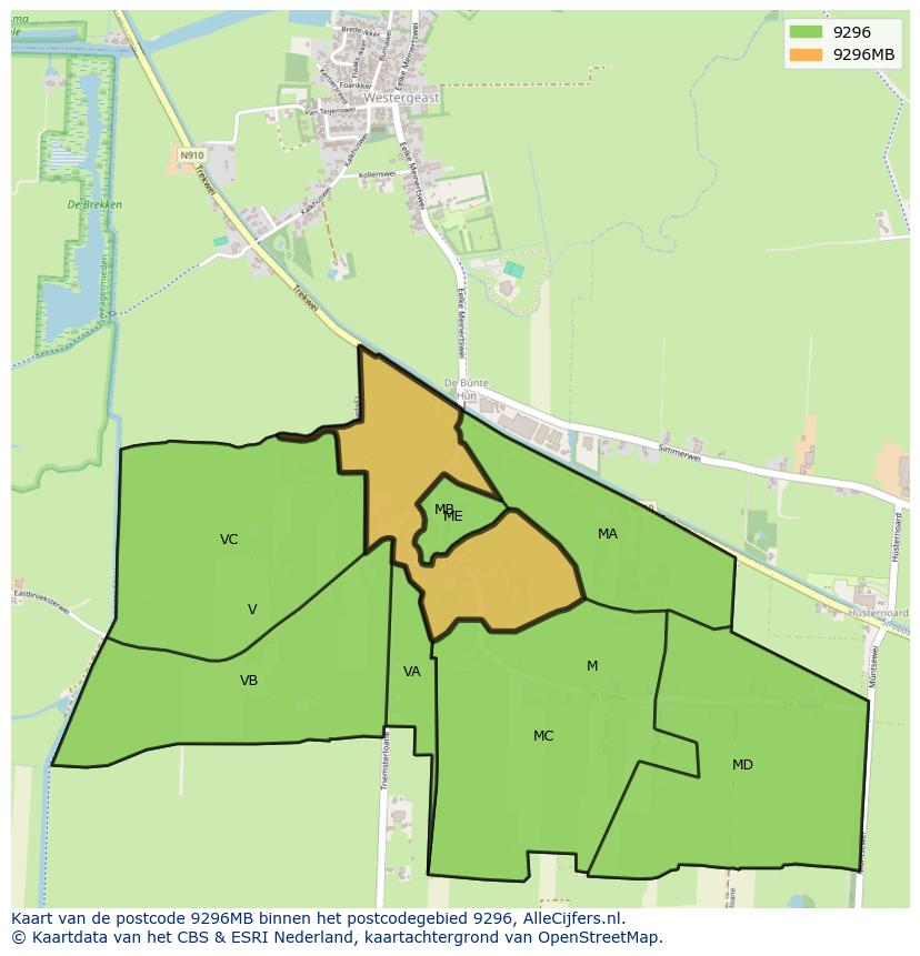 Afbeelding van het postcodegebied 9296 MB op de kaart.