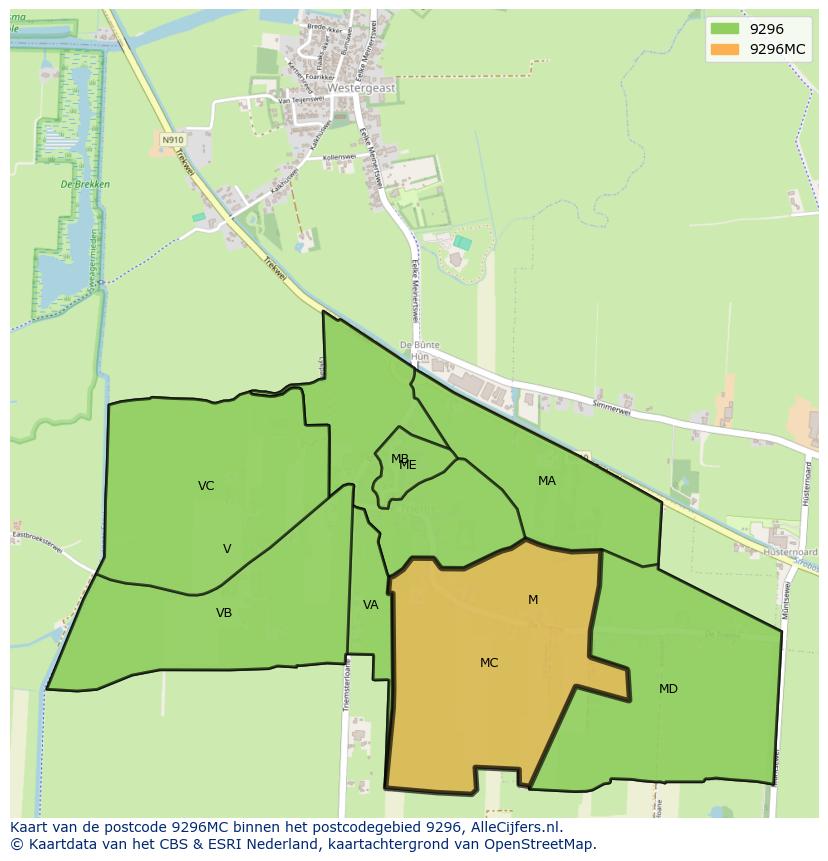 Afbeelding van het postcodegebied 9296 MC op de kaart.
