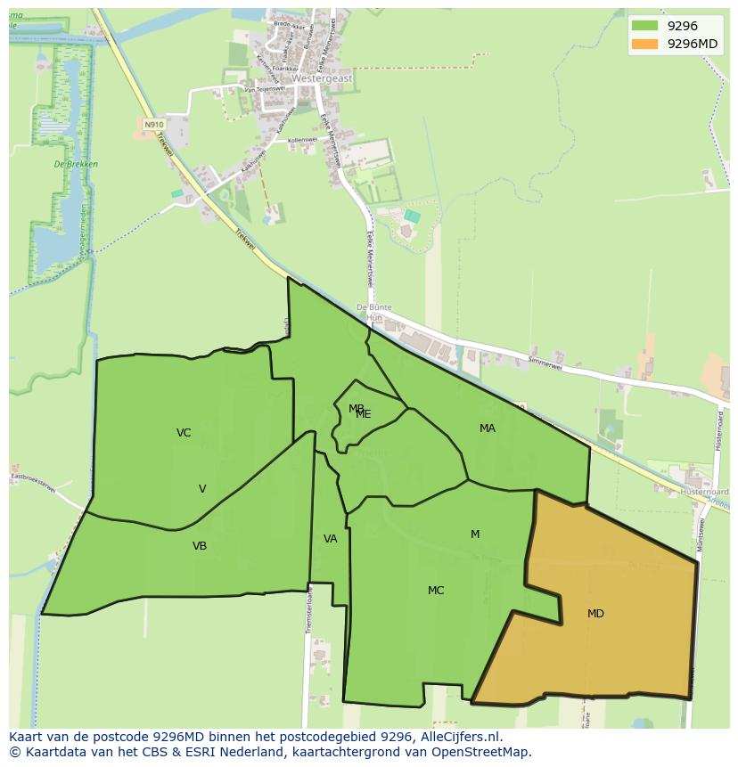 Afbeelding van het postcodegebied 9296 MD op de kaart.