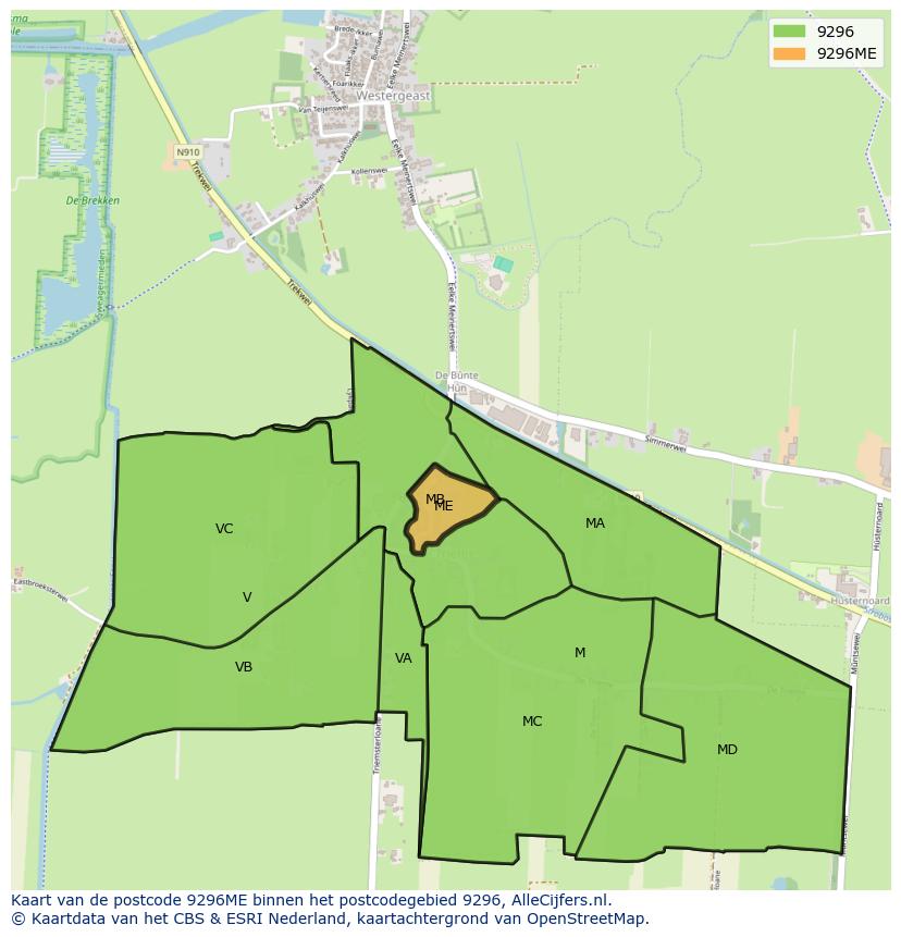 Afbeelding van het postcodegebied 9296 ME op de kaart.
