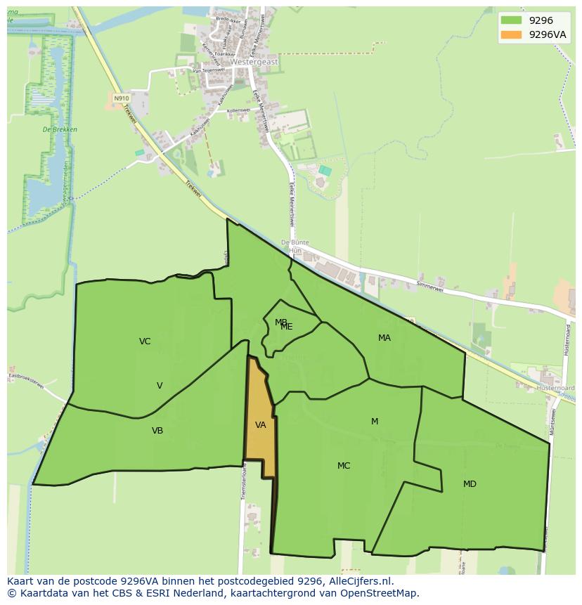 Afbeelding van het postcodegebied 9296 VA op de kaart.