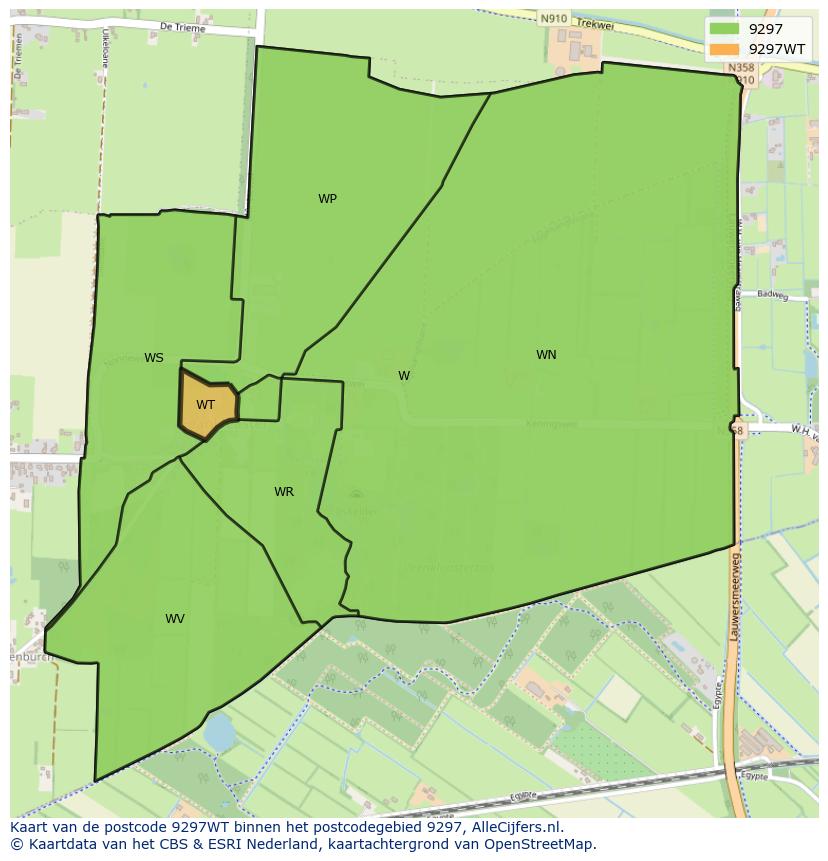 Afbeelding van het postcodegebied 9297 WT op de kaart.