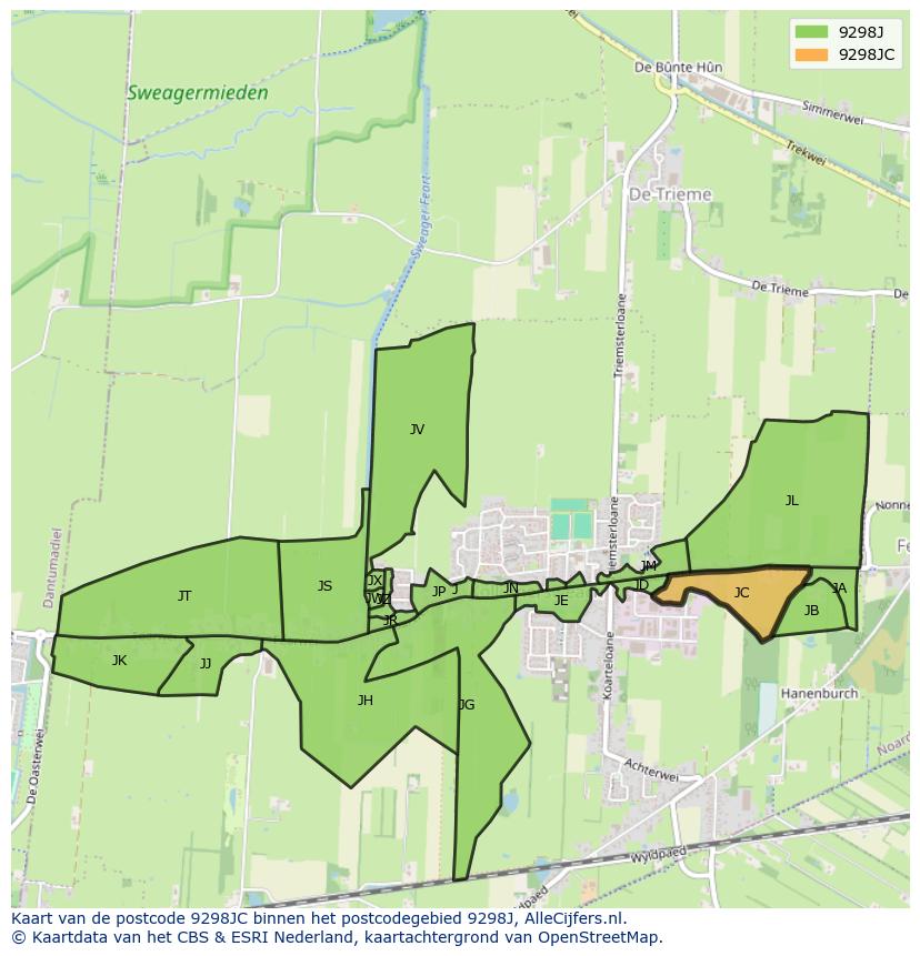 Afbeelding van het postcodegebied 9298 JC op de kaart.