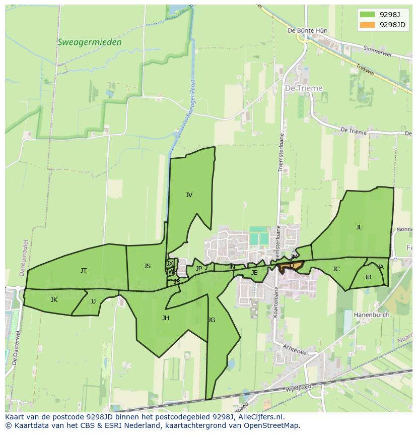Afbeelding van het postcodegebied 9298 JD op de kaart.
