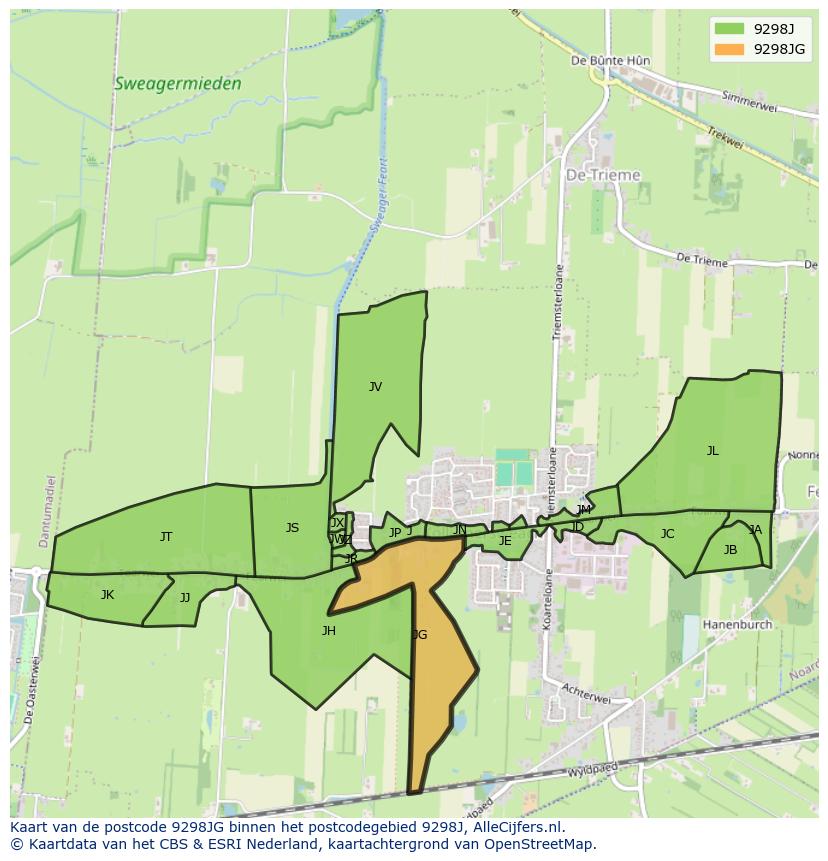 Afbeelding van het postcodegebied 9298 JG op de kaart.
