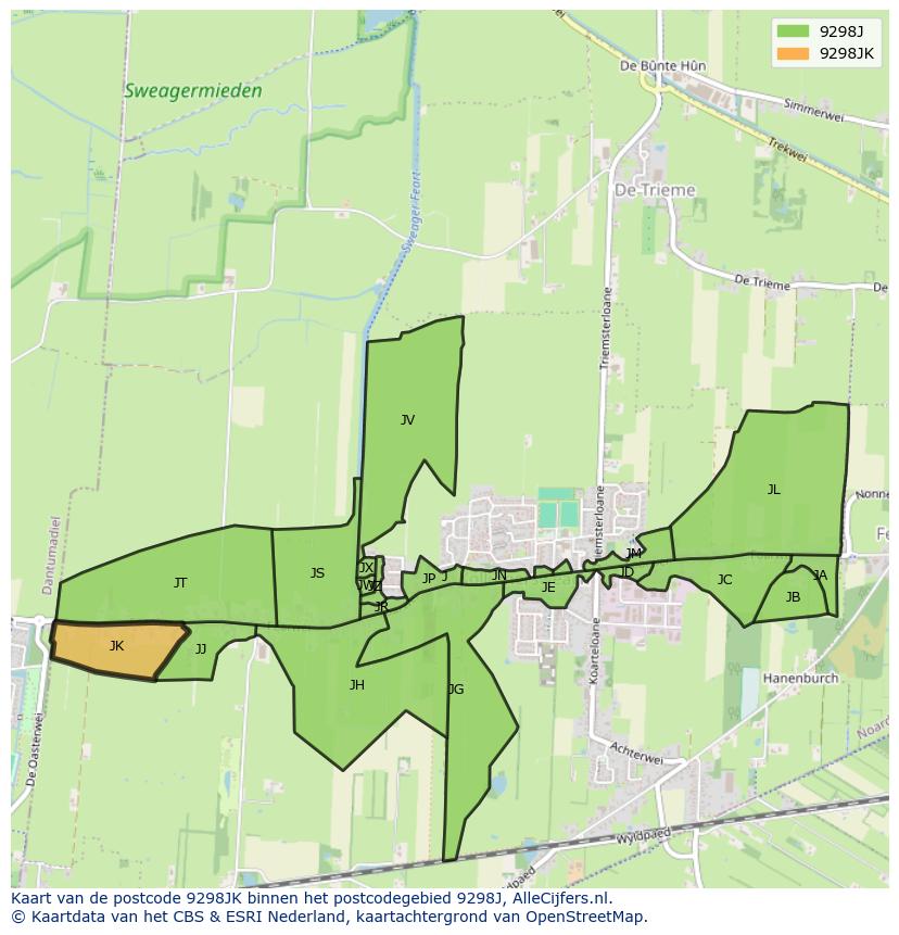 Afbeelding van het postcodegebied 9298 JK op de kaart.
