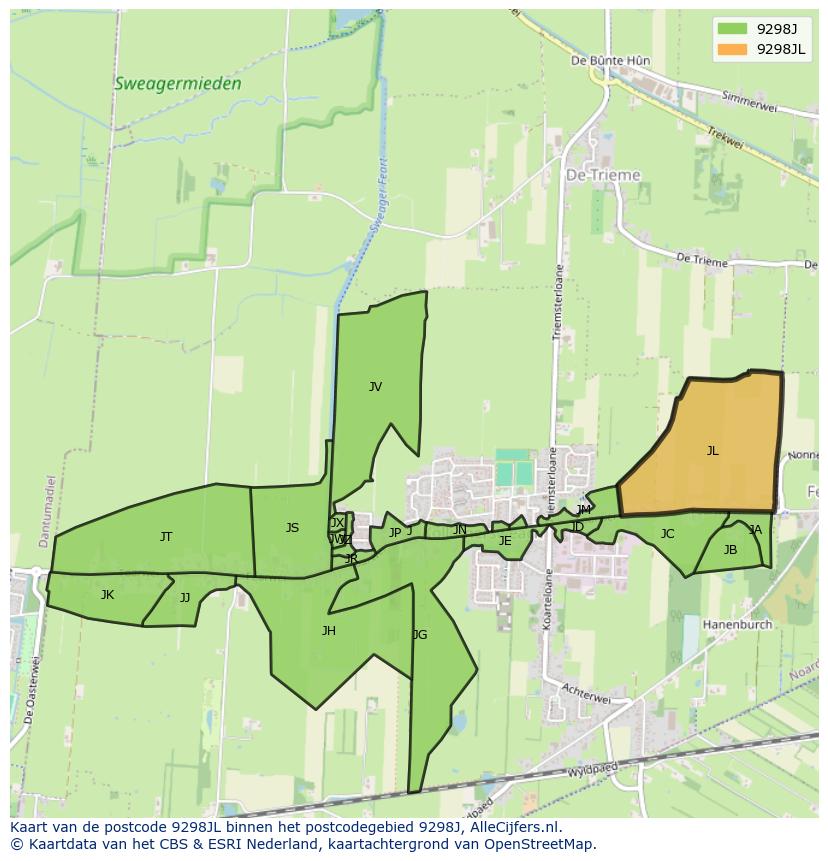 Afbeelding van het postcodegebied 9298 JL op de kaart.