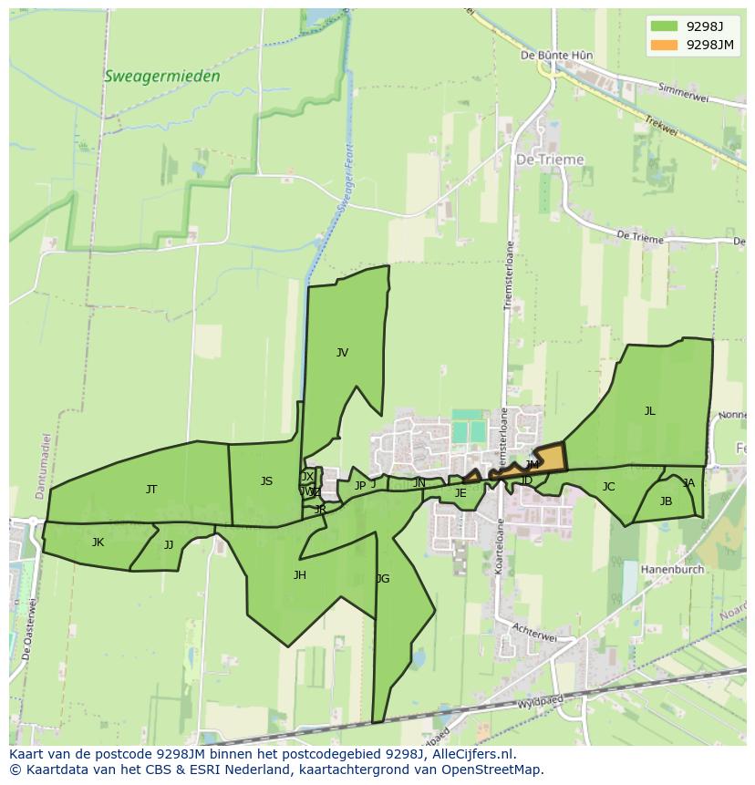 Afbeelding van het postcodegebied 9298 JM op de kaart.