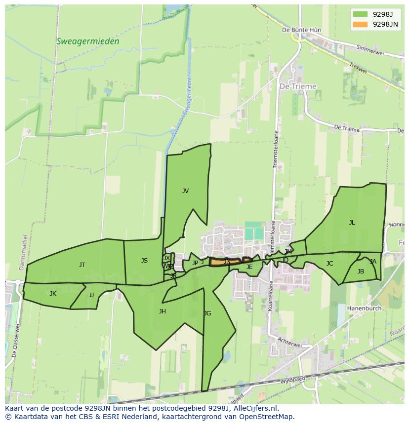 Afbeelding van het postcodegebied 9298 JN op de kaart.