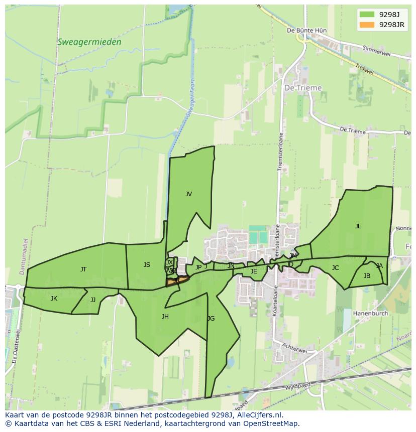 Afbeelding van het postcodegebied 9298 JR op de kaart.