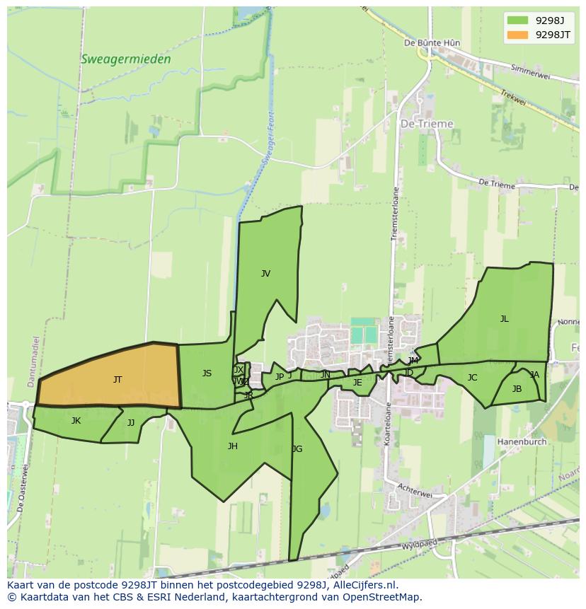 Afbeelding van het postcodegebied 9298 JT op de kaart.
