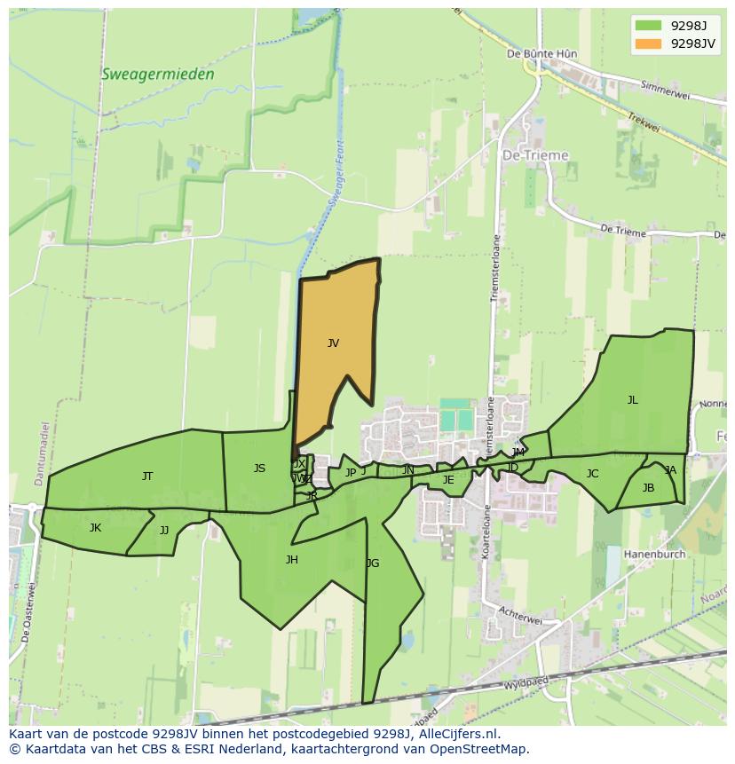 Afbeelding van het postcodegebied 9298 JV op de kaart.
