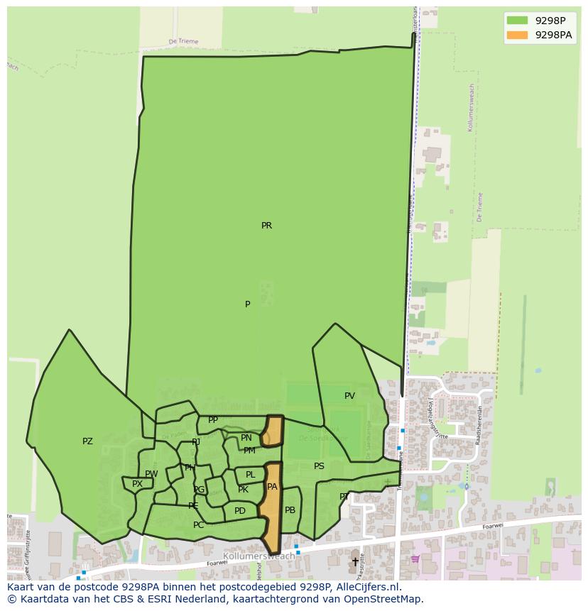 Afbeelding van het postcodegebied 9298 PA op de kaart.