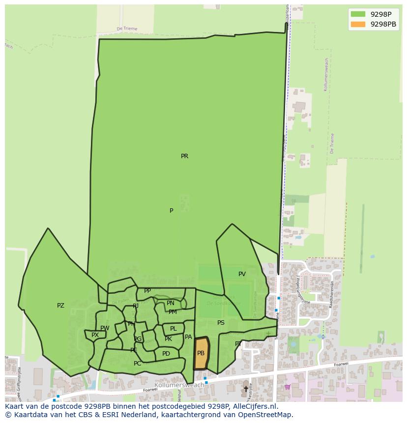 Afbeelding van het postcodegebied 9298 PB op de kaart.
