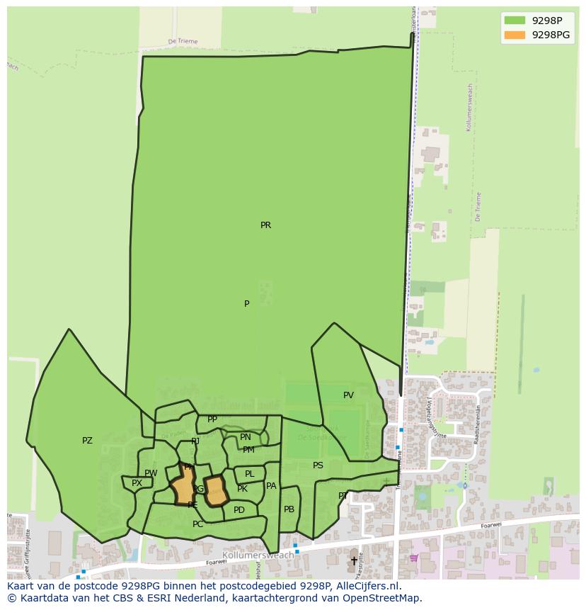 Afbeelding van het postcodegebied 9298 PG op de kaart.