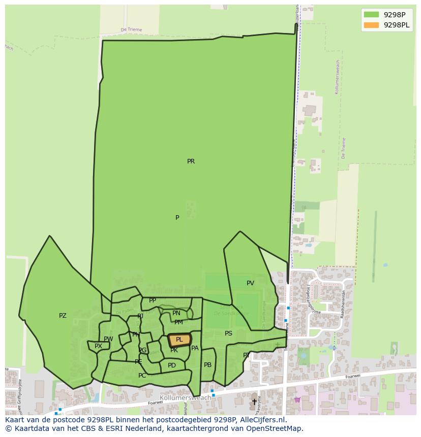 Afbeelding van het postcodegebied 9298 PL op de kaart.