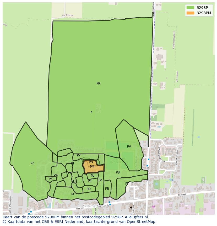 Afbeelding van het postcodegebied 9298 PM op de kaart.
