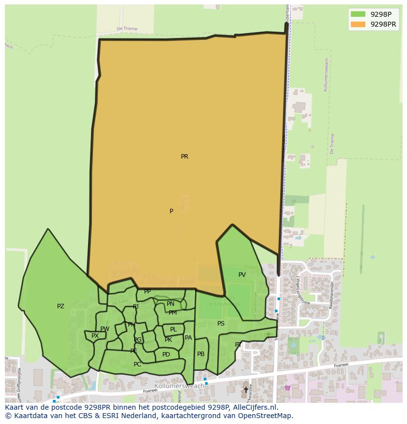 Afbeelding van het postcodegebied 9298 PR op de kaart.