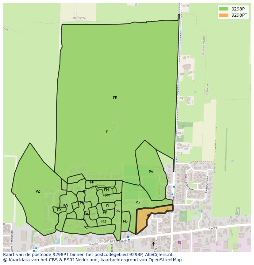 Afbeelding van het postcodegebied 9298 PT op de kaart.