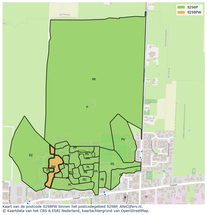 Afbeelding van het postcodegebied 9298 PW op de kaart.